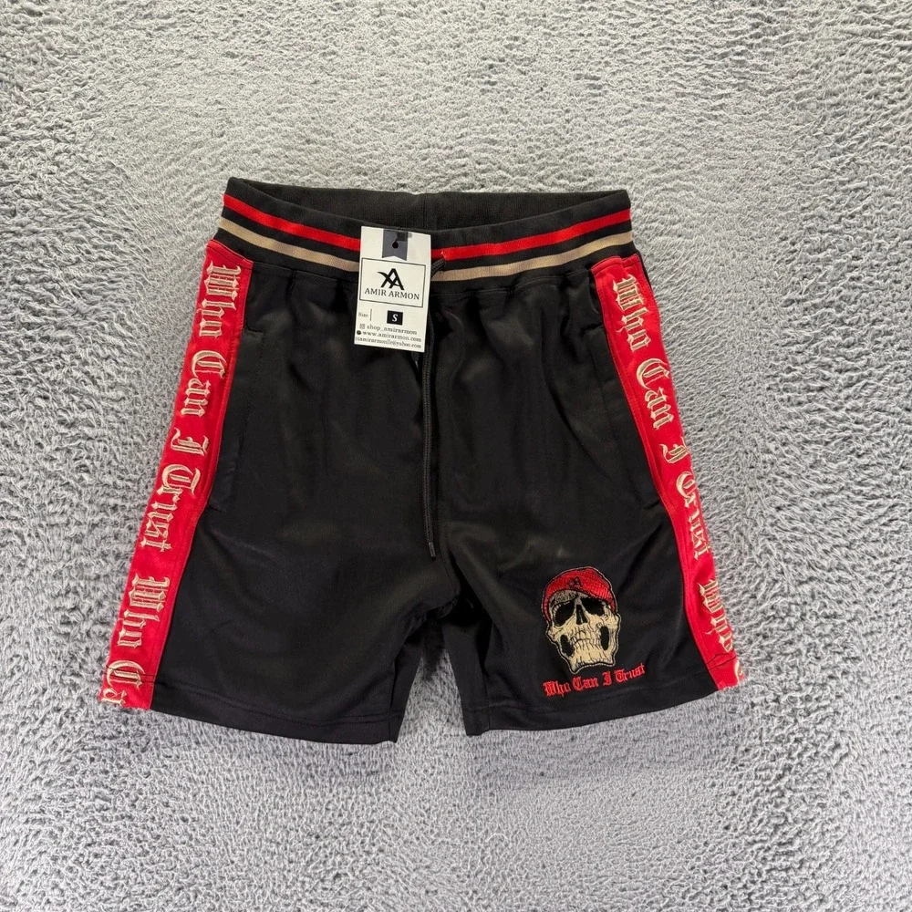 Amir Armon Short Mens S Black Fleece-Lined Sweat Skull Embroidered Performance